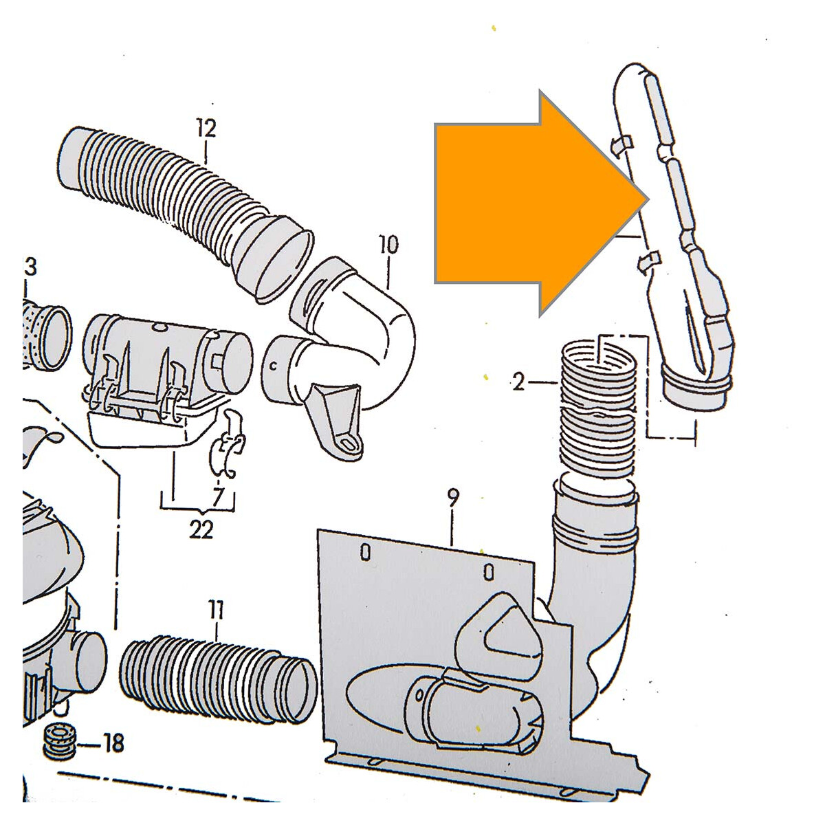 T25 intake air duct WBX, original Volkswagen, OEM partnr. 251129534 A