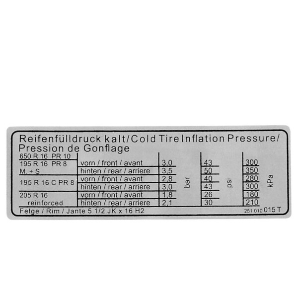 Vw t25 on sale tyre pressure